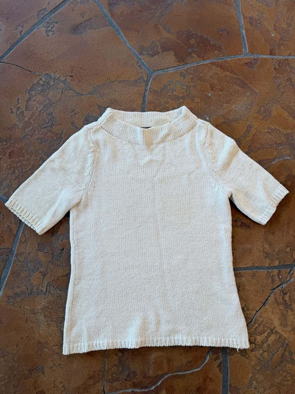 VTG Talbots Short Sleeve Mock Neck Sweater Size S Cream Cotton Knit